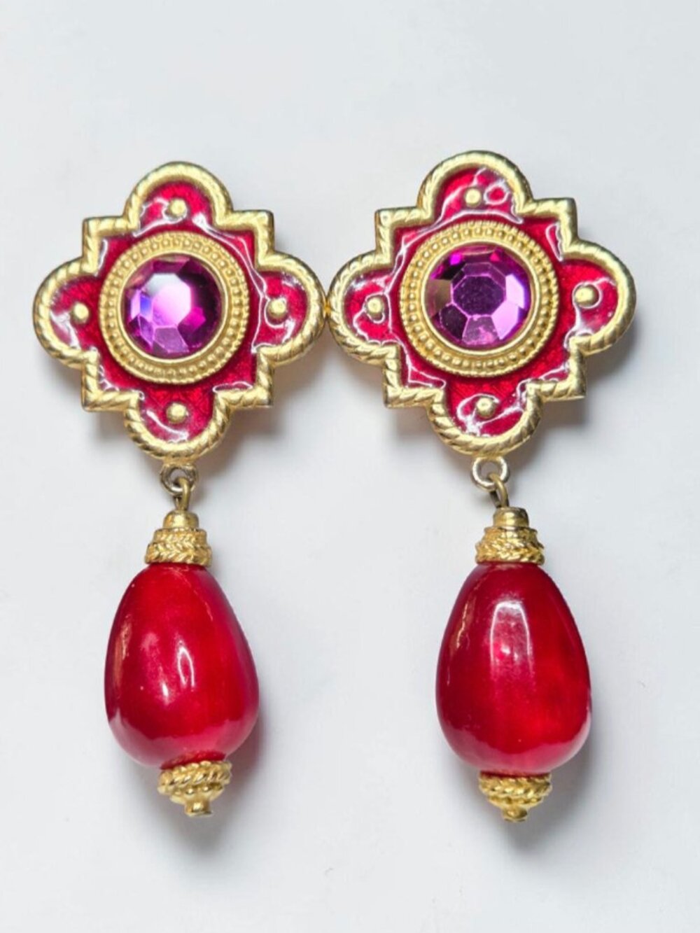 BEN AMUN Vintage 1980's Oversized Enamel Crystal Dangle Cross Earrings